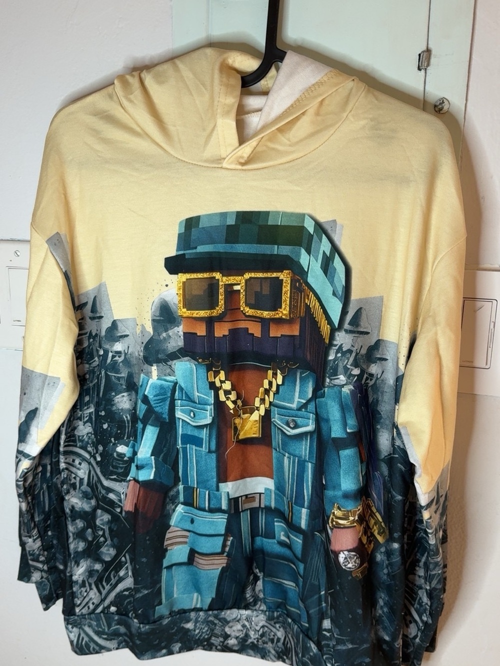 Men's Graphic Hoodie Sweater in Pale Yellow with Blue Print